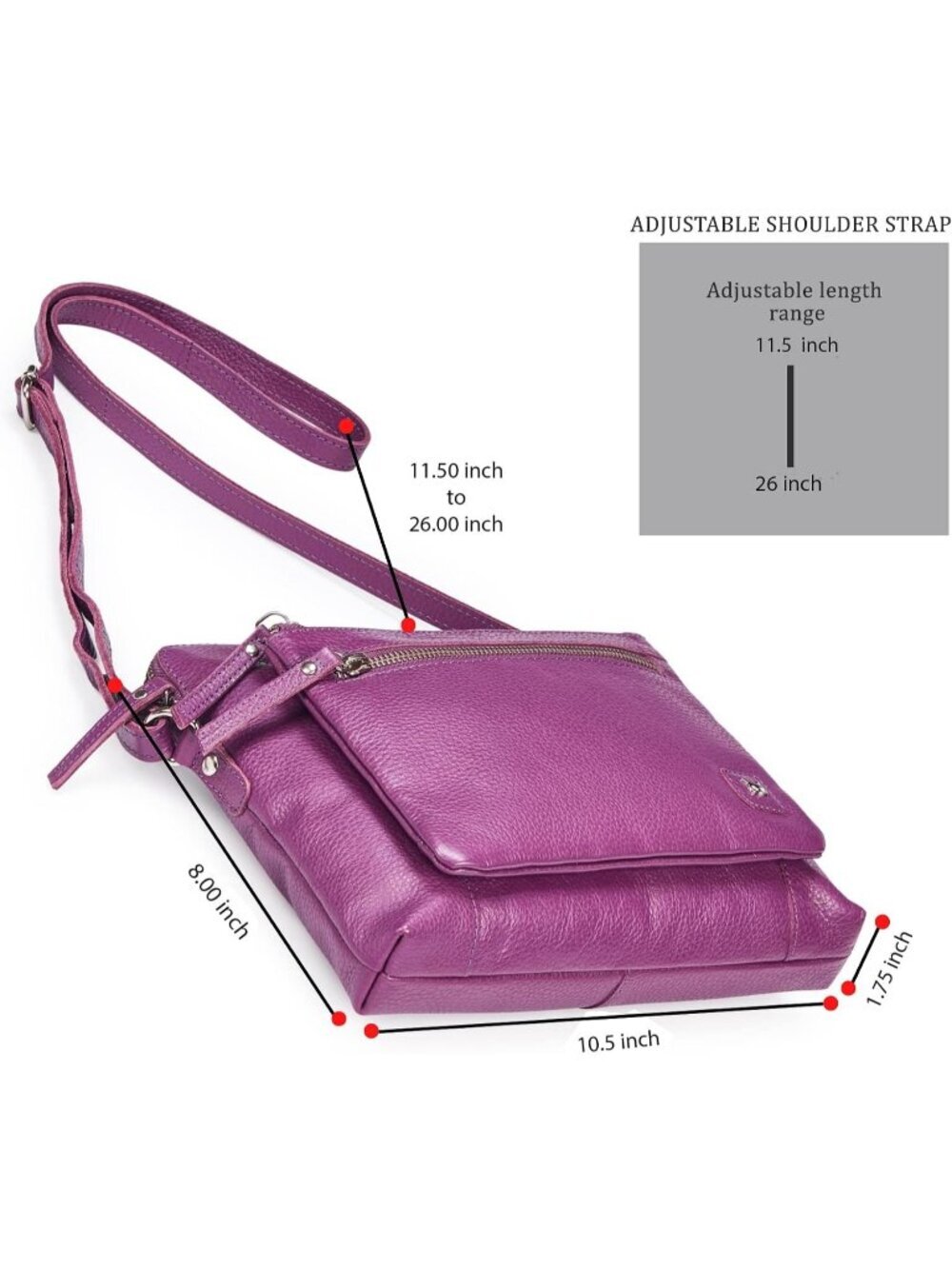 Women's Purple Genuine Leather Sling Purse with Adjustable Strap Crossbody bags - Picture 3 of 6